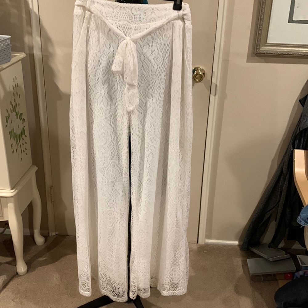 White crochet pants with tie in front